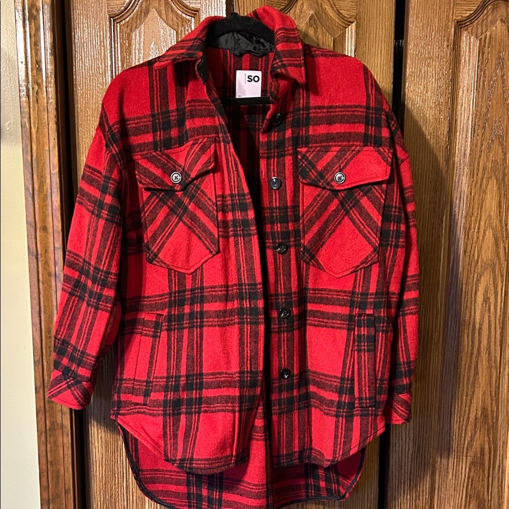 SO Red and Black Plaid Shirt Jacket